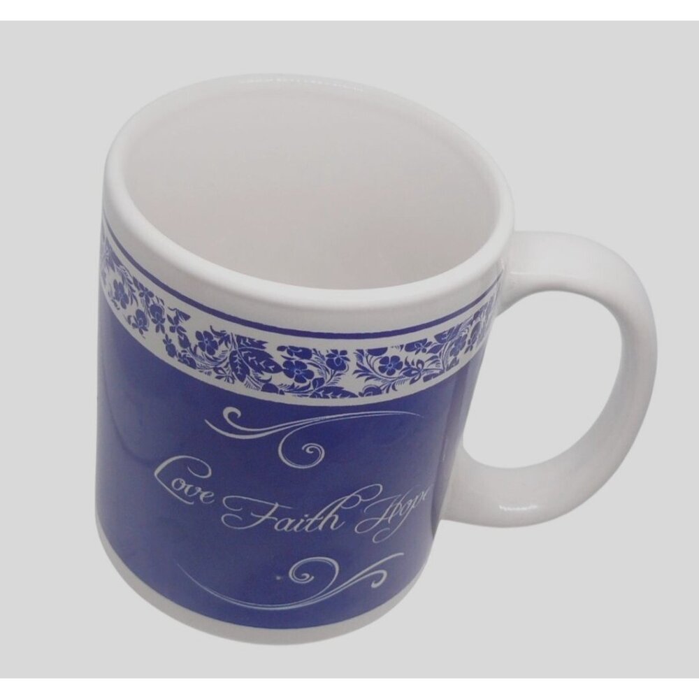 Blue & White Ceramic Coffee Tea Mug w Floral Design "Love Faith Hope" Script Vtg